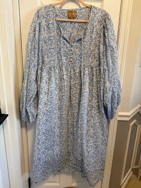 Clara the Label Long Sleeve Cotton Blue Floral Peasant Dress SZ 3X